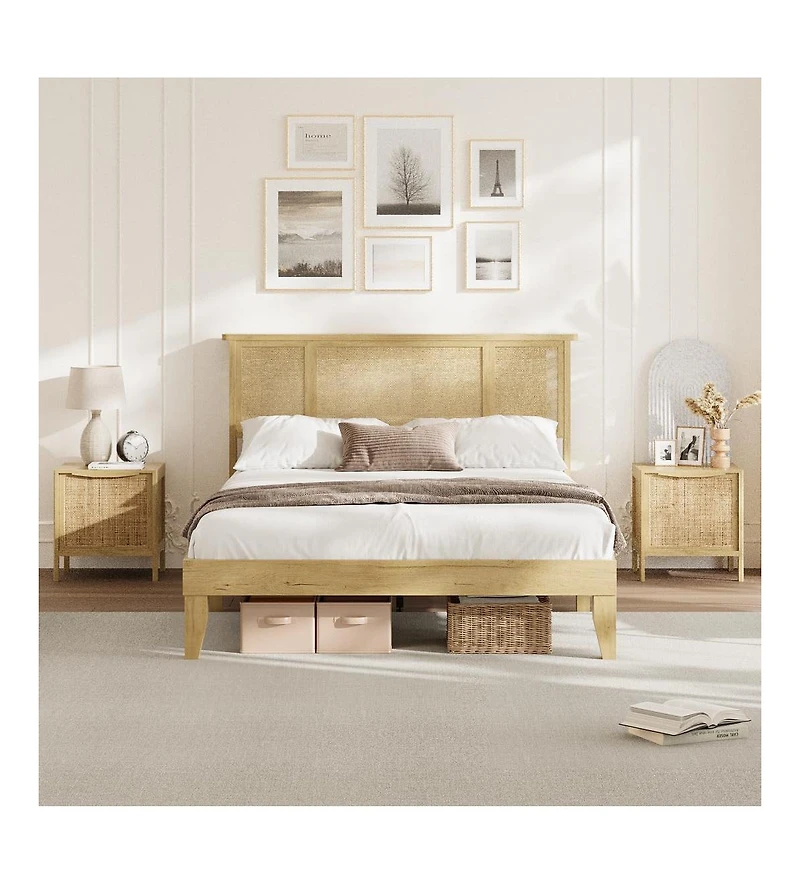 Gaomon Full Bed Frame with Natural Rattan Headboard, Sturdy Wooden Slats, Metal Platform, Boho Cane Mattress Support