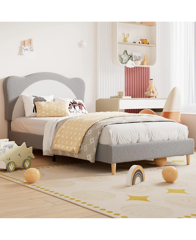 gaomon Twin Size Velvet Upholstered Bed Frame for Kids with Adjustable Scallop Headboard Chic Princess Design Platform Bed Frame