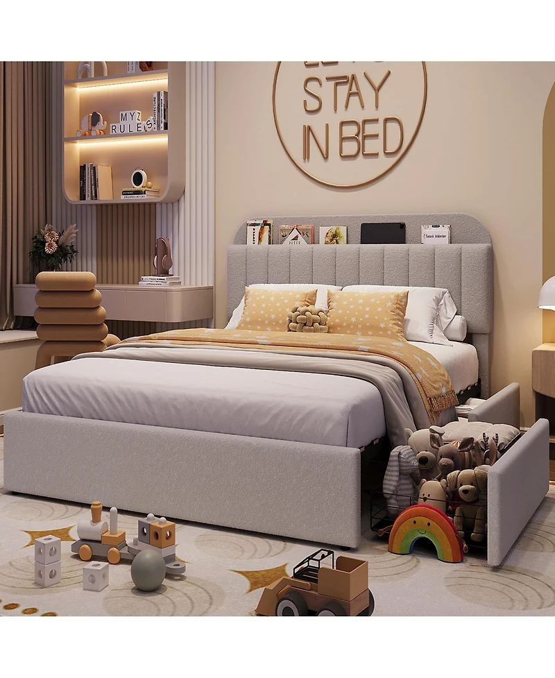 gaomon Queen Bed Frame with 2 Flexible Drawers and Bookcase Headboard, Boucle Upholstered Platform Bed for Boys/Girls
