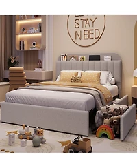 gaomon Queen Bed Frame with 2 Flexible Drawers and Bookcase Headboard, Boucle Upholstered Platform Bed for Boys/Girls