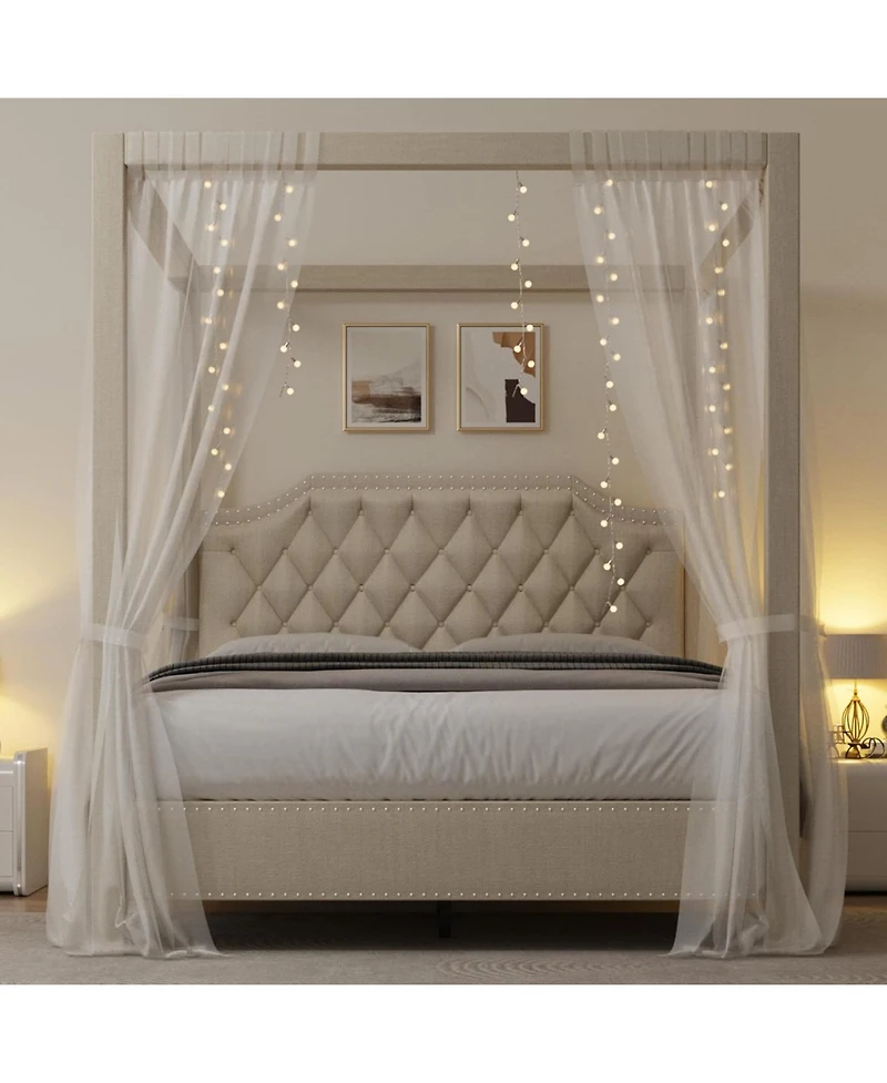 gaomon Upholstered Canopy Bed Frame Queen Size with Headboard, Button Tufted, Nailhead Trim Design, No Box Spring Required