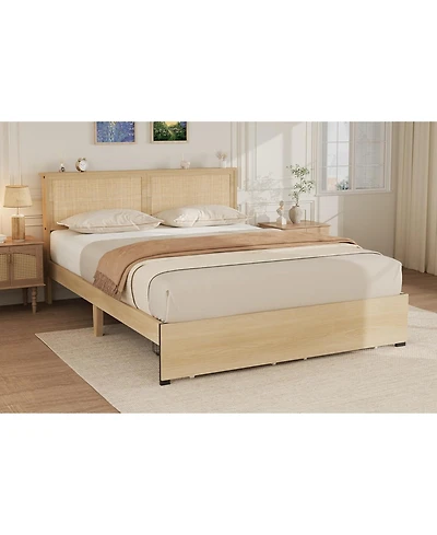 gaomon Platform Bed with Natural Rattan Headboard, Cane Frame 2 Storage Drawers, Wood Slats