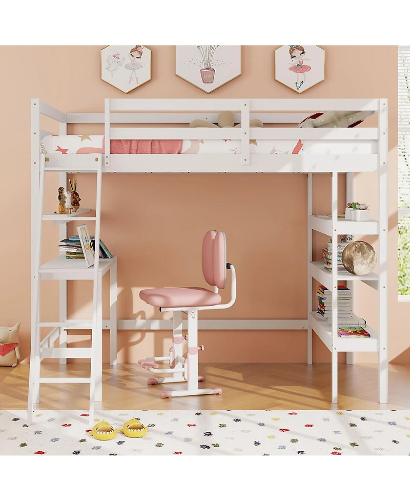Gymax Twin Solid Wood Loft Bed w/ Desk & Bookshelves Ladder Guardrails