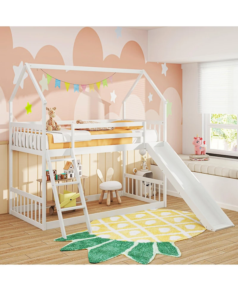 Gymax Twin Over Twin House Bunk Bed w/ Slide Solid Wood Low Bunk Bed for Kids