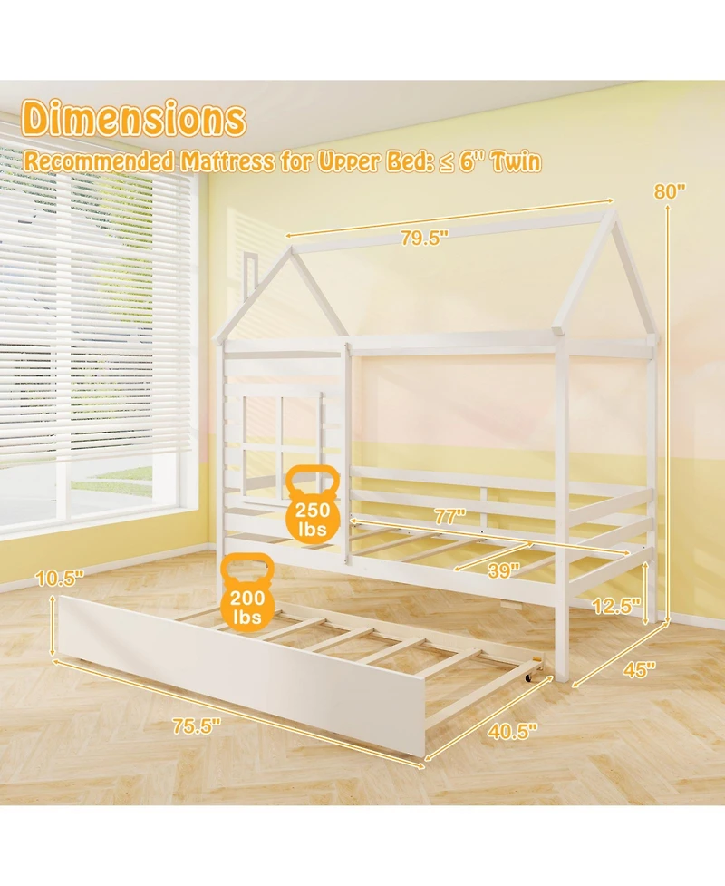 Gymax Twin House Bed with Trundle Wooden Platform w/ Roof Chimney & Window