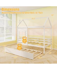 Gymax Twin House Bed with Trundle Wooden Platform w/ Roof Chimney & Window