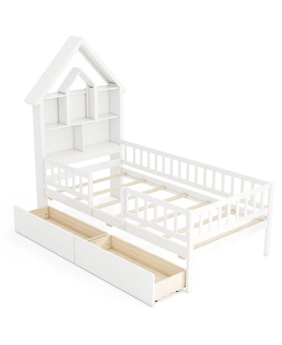 Gymax Twin Size House Bed w/ 2 Drawers Kids Montessori Bed w/ Storage Headboard