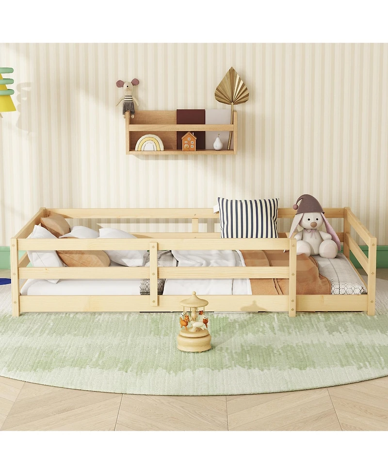 Cesicia Pine Wood Twin Kids Floor Bed, Long-Lasting Montessori Bed with Fence for Girls, Boys