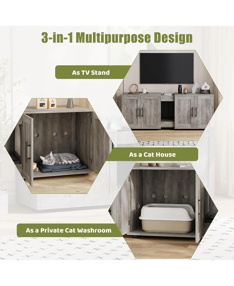 gaomon Double Room Cat Litter Cabinet, Stylish Storage Litter Box Enclosure for Two Cats, Cat Mat, Organizer, Gray