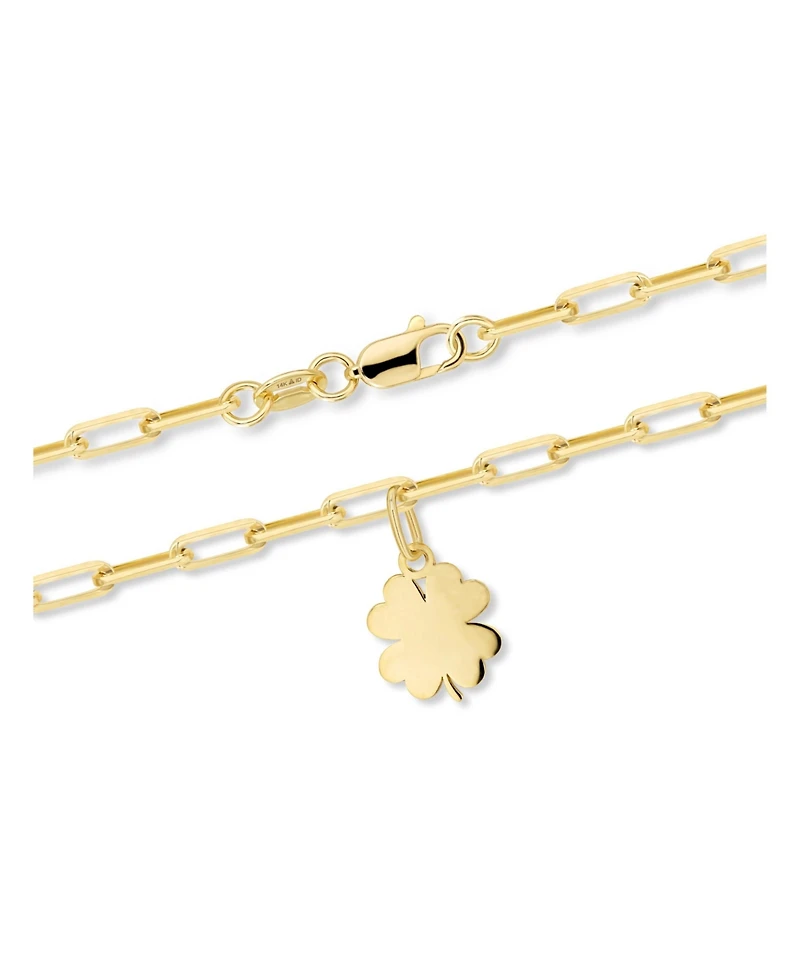 Devata Clover Heart Charm with Paperclip Chain Bracelet in 14K Gold, 7.5 in, approx. 3.0 grams.