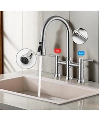 Boyelliving 3 Hole Kitchen Faucet with Pull Down Sprayer, Double Handle Sink Brass Vintage Faucets