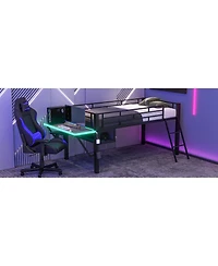 Flynama Black Metal Twin Size Gaming Mid Loft Bed with BuiltIn Desk and MultiColor Led Lighting Space Saving Furniture for Kids and Teens Bedrooms