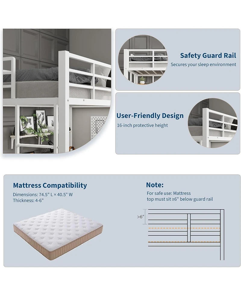 gaomon Twin Size Metal Loft Bed with Large Desk and Storage Shelves, Heavy Duty Platform Bed with Ladder and Safety Guardrail