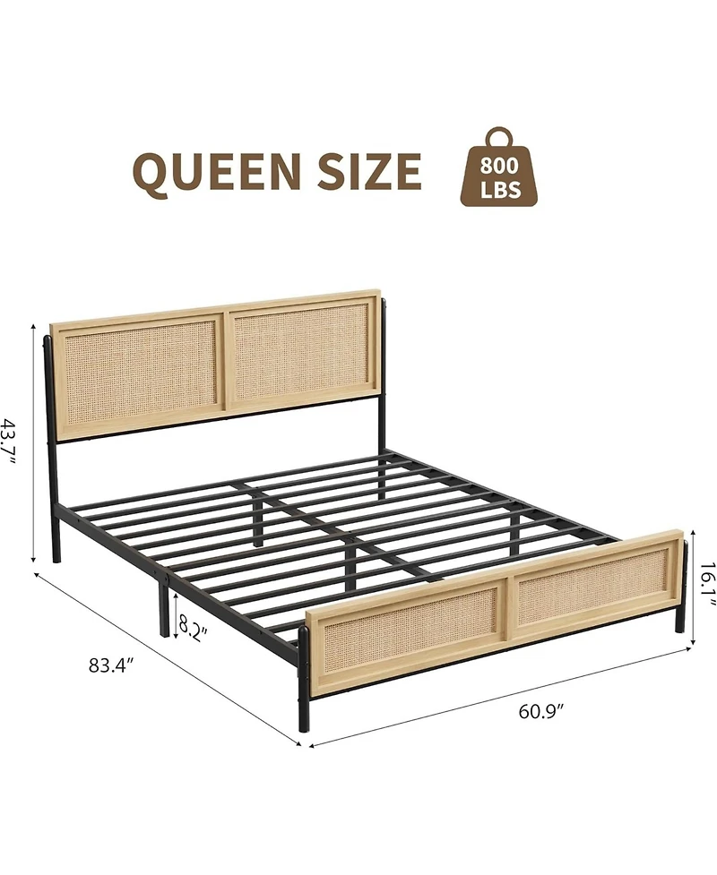 gaomon Queen Size Boho Bed Frame with Natural Rattan Headboard & Footboard, 14" Metal Platform, No Box Spring Needed