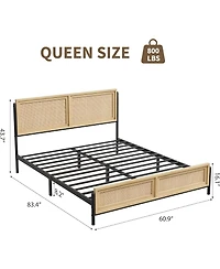 gaomon Queen Size Boho Bed Frame with Natural Rattan Headboard & Footboard, 14" Metal Platform, No Box Spring Needed