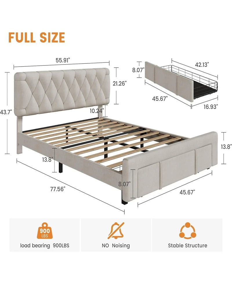 gaomon Upholstered Platform Bed Frame with 2 Storage Drawers, Solid Wood Slats, No Box Spring Needed