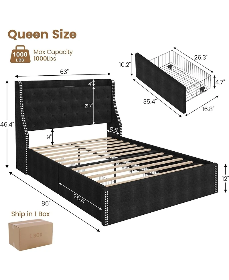 gaomon Queen Bed Frame with 4 Storage Drawers, Wingback Headboard
