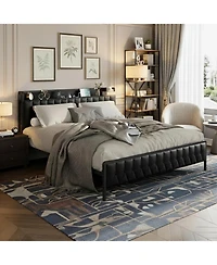 Gaomon Bed Frame with Pu Faux Leather, Charging Station, Platform Storage, Soft Headboard, No Box Spring Needed
