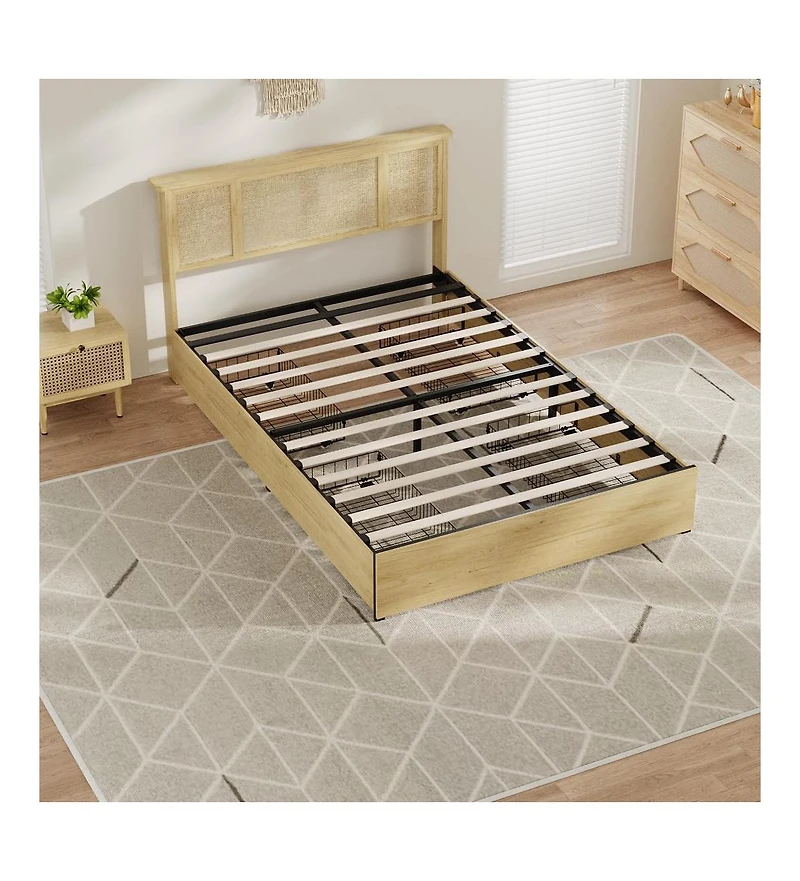 Gaomon Full Bed Frame with Natural Rattan Headboard, 4 Storage Drawers, Slats, Bohemian-Style Cane Mattress Support