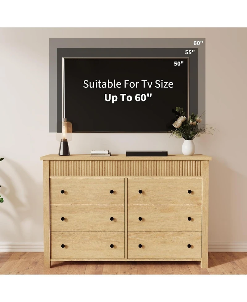 gaomon 6 Drawer Dresser for Bedroom, Wooden Chest of Drawers, Fluted Tv Stand Storage Organizer for Living Room, Hallway and Entryway, Natural Oak