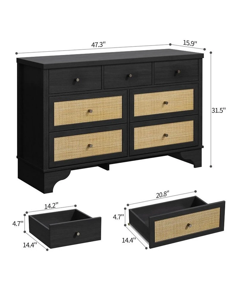 gaomon 7-Drawer Modern Dresser for Bedroom, Wood Chest with Natural Rattan Fronts, Sturdy Base, Organizer for Living Room, Entryway, Hallway