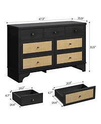 gaomon 7-Drawer Modern Dresser for Bedroom, Wood Chest with Natural Rattan Fronts, Sturdy Base, Organizer for Living Room, Entryway, Hallway