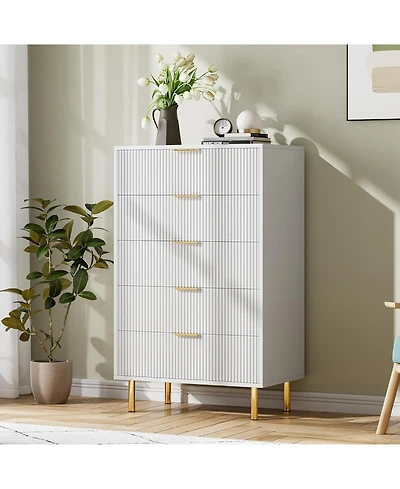 gaomon 5-Drawer Modern White Dresser, Wood Chest Organizer with Gold Handle, Tall Cabinet for Bedroom, Living Room, Entryway