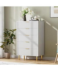gaomon 5-Drawer Modern White Dresser, Wood Chest Organizer with Gold Handle, Tall Cabinet for Bedroom, Living Room, Entryway