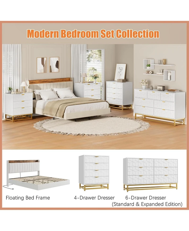 gaomon 53.5 Inch 6-Drawer Modern Dresser, Wide Chest with Gold Metal Legs & Handles, Storage for Bedroom, Living Room, Hallway, White