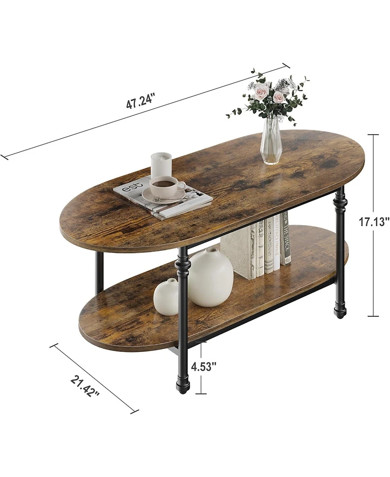 gaomon 47.2" Wooden 2-Tier Cocktail Table, Roman Column Metal Legs Elegant Oval Coffee Table
