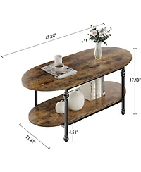 gaomon 47.2" Wooden 2-Tier Cocktail Table, Roman Column Metal Legs Elegant Oval Coffee Table