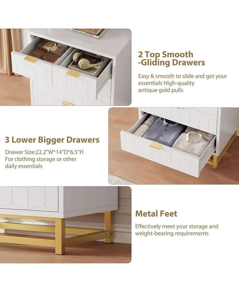 gaomon 5-Drawer White Bedroom Dresser with Metal Base, Modern Chest Cabinet Organizer for Living Room, Hallway, Closet