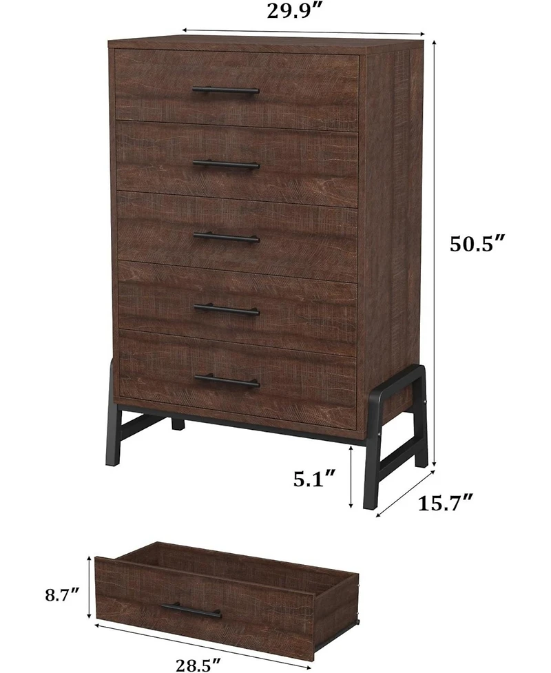gaomon 5-Drawer Brown Dresser, 50.5 Inch Tall Freestanding Wood Chest, Large Closet Storage for Home Office