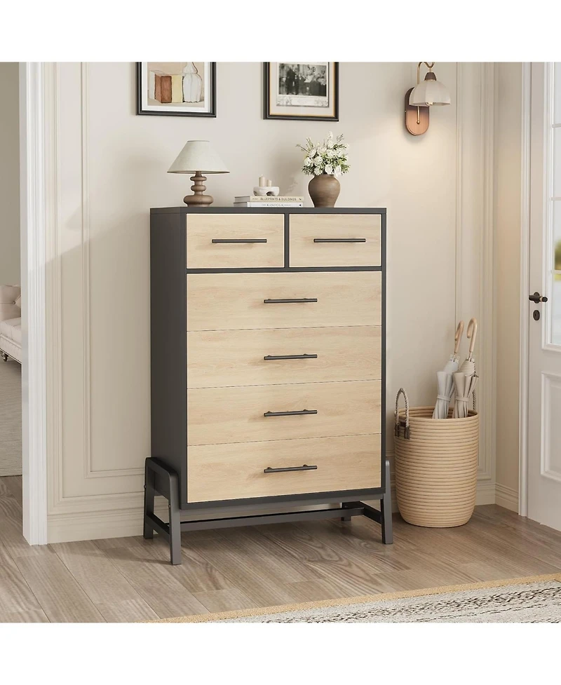 gaomon 4+2 Drawer Black Polished Engineered Wood Dresser, Chic Cabinet Legs, Waterproof Top, Anti-Tip, Modern Bedroom Storage