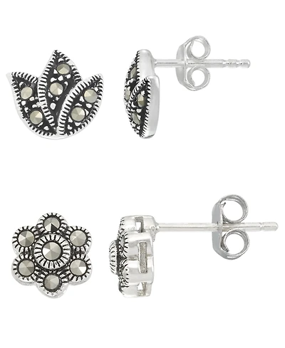 Macy's 2-Pc. Marcasite Flower and Lotus Stud Earrings Set in Sterling Silver