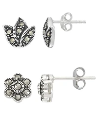 Macy's 2-Pc. Marcasite Flower and Lotus Stud Earrings Set in Sterling Silver