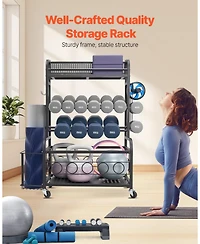 Mecale Yoga Mat Storage Rack, Steel Organizer with Hooks and Wheels for Dumbbells, Kettlebells and Fitness Accessories