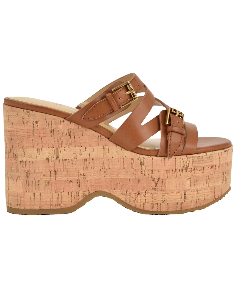 Guess Women's Nailah Strappy Buckles Cork Platform Wedge Sandal