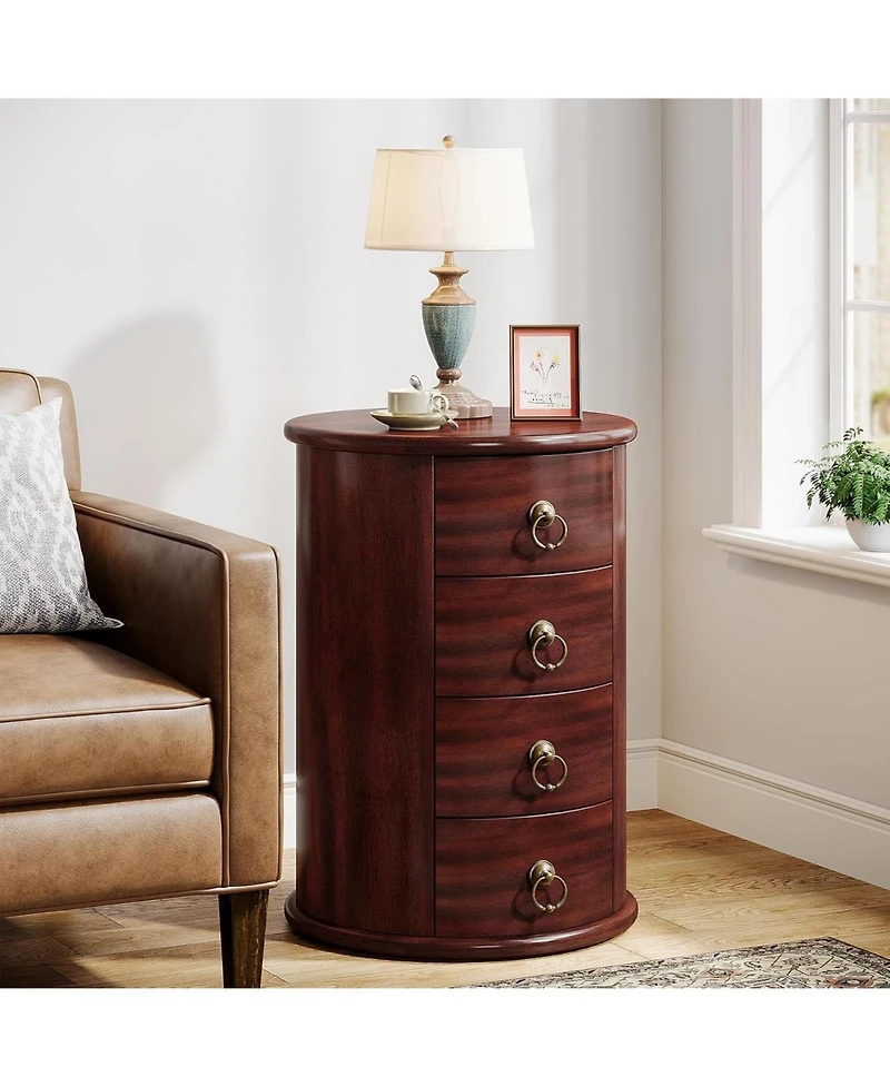 Tribesigns Solid Wood End Table, Round Side Table with 4 Drawers