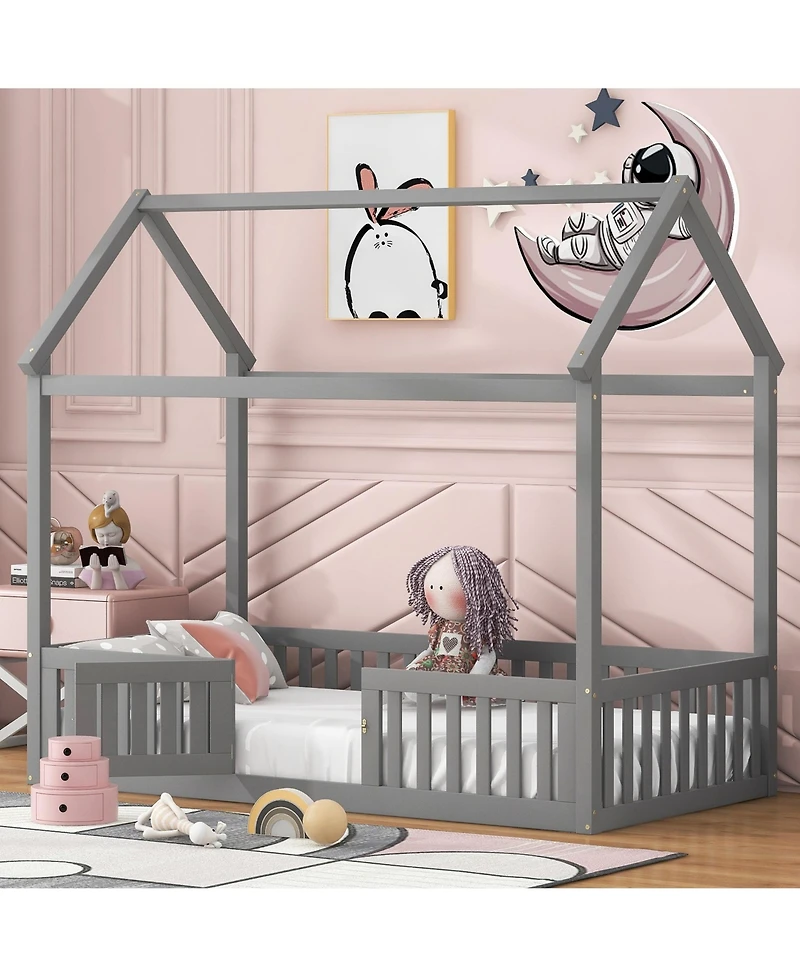 Boyel Living Twin Wood House Bed with Fence and Door