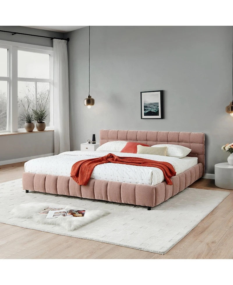 California King Upholstered Platform Bed with Chenille Fabric, Soft Headboard and Storage Drawer