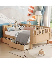 Boyel Living Twin Size Wood Platform Bed for Kids, Low Profile Twin Bed with 2 Wheeled Drawers & Rails