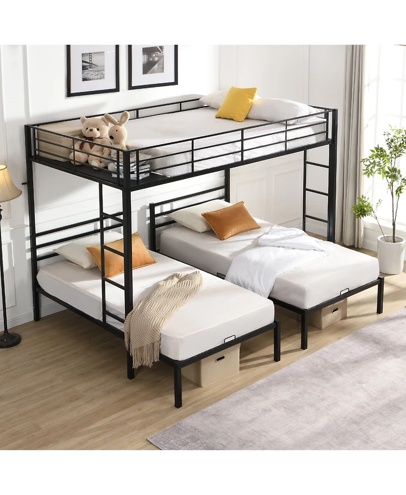 Boyel Living Full Over Twin Over Twin Triple Bunk Bed, Metal Frame Bunk Bed with Vertical Ladder & Safety Rails