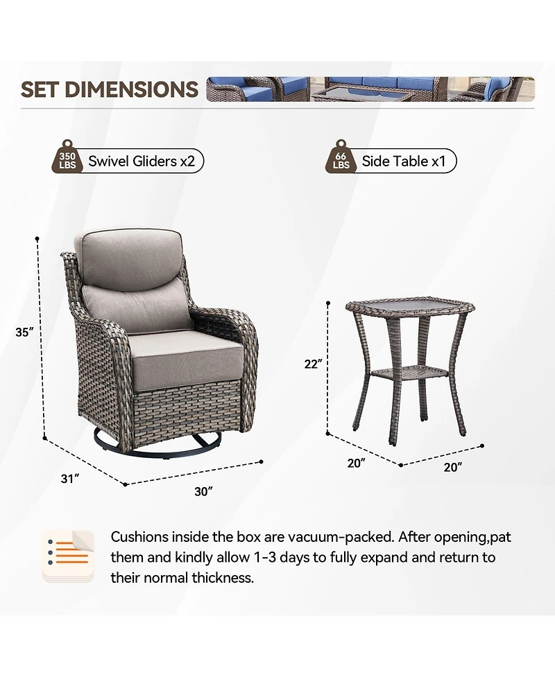 Gymojoy Crescent Swivel Glider Wicker Patio Conversation Set with Olefin 6 In. Thick Cushions/End Table (3-Piece)