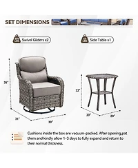 Gymojoy Crescent Swivel Glider Wicker Patio Conversation Set with Olefin 6 In. Thick Cushions/End Table (3-Piece)