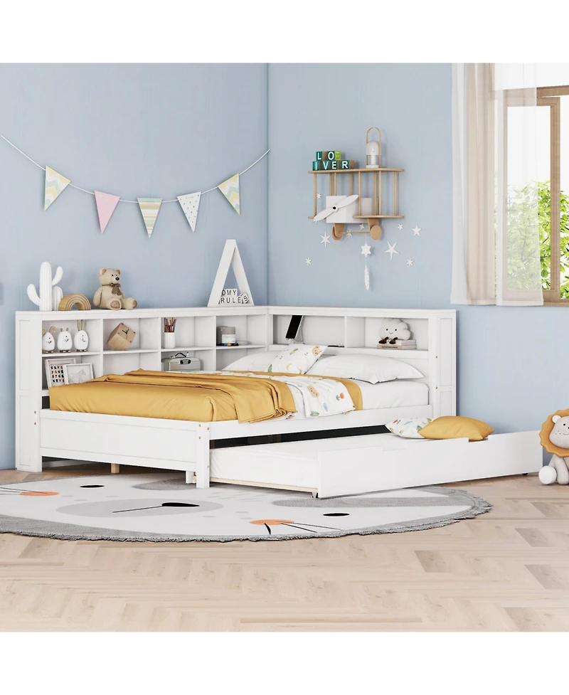 Streamdale Furniture Wooden Full Size Day Bed with Twin Trundle, Storage & Usb Ports, White