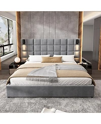 Streamdale Furniture Streamdale King Size Velvet Upholstered Bed Frame with Wall Sconce & Usb, Gray