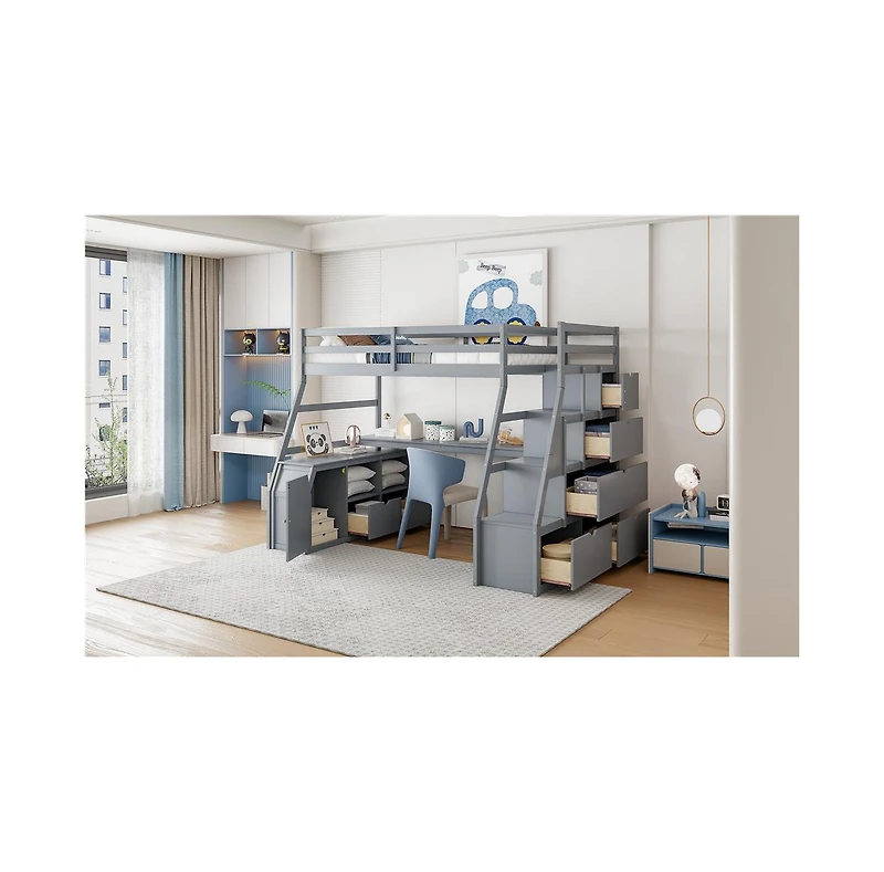 Streamdale Furniture Full Loft Bed with 7 Drawers 2 Shelves and Desk