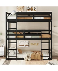 Streamdale Furniture Triple Twin Bunk Bed with Built-in Ladders and Guardrails