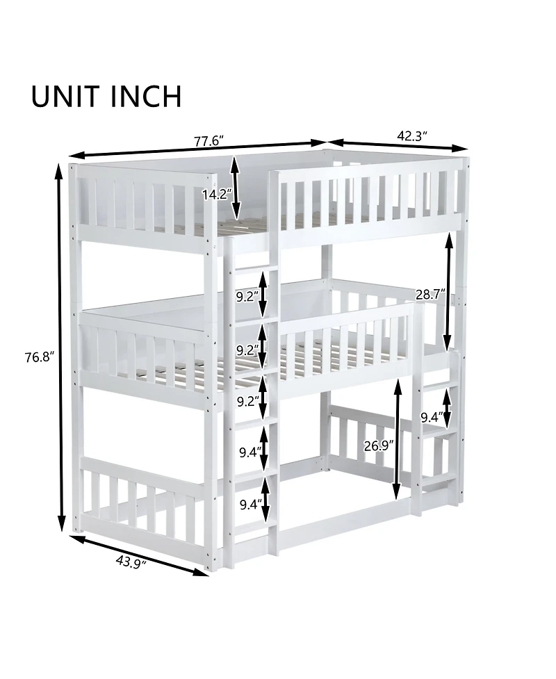 Streamdale Furniture Triple Twin Rubberwood Bunk Bed, Ladders